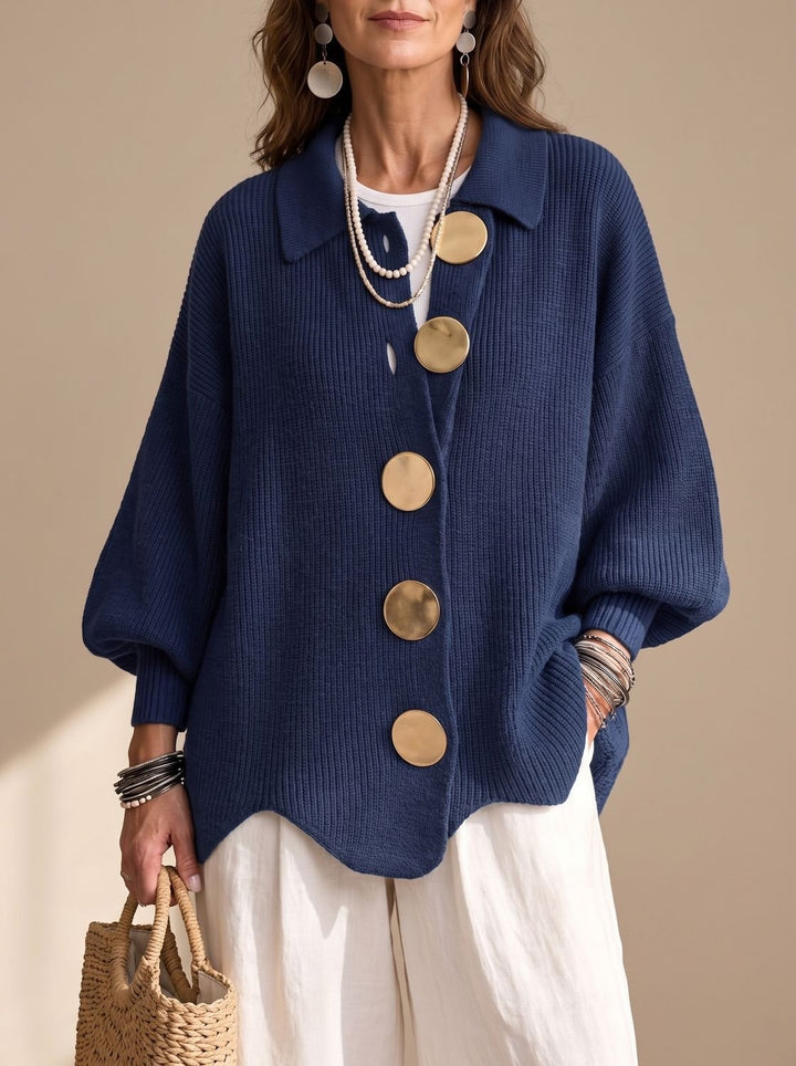 Women's Oversized Gold-Button Lantern-Sleeve Knit Cardigan - Navy Blue