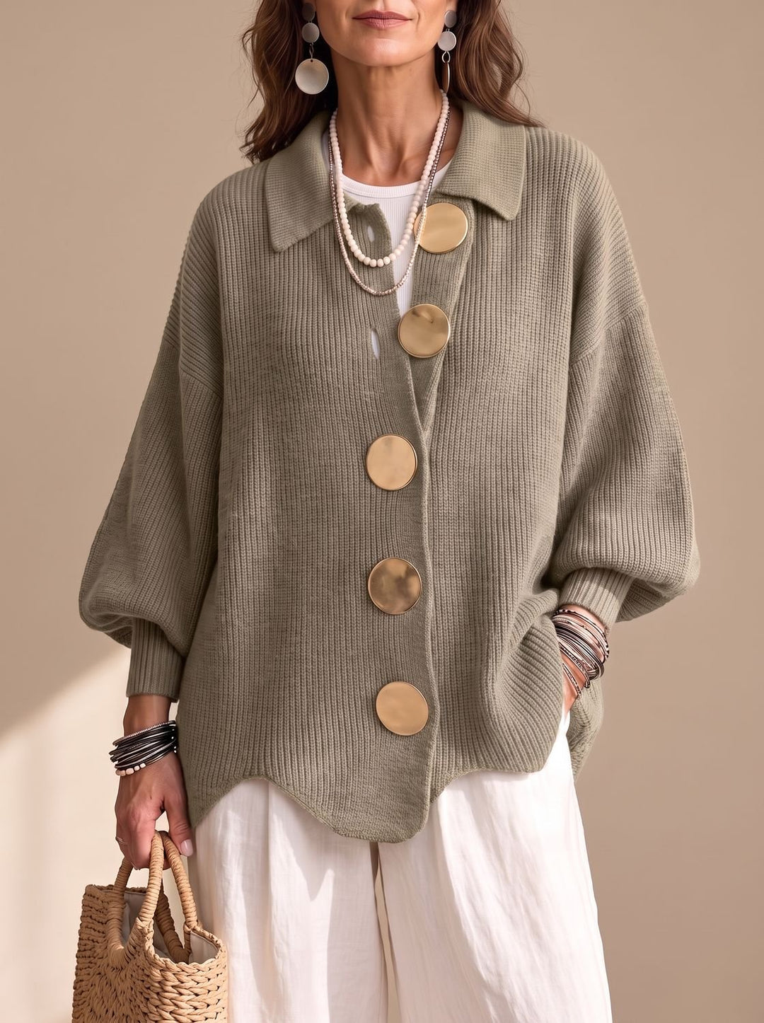 Women's Oversized Gold-Button Lantern-Sleeve Knit Cardigan - Khaki