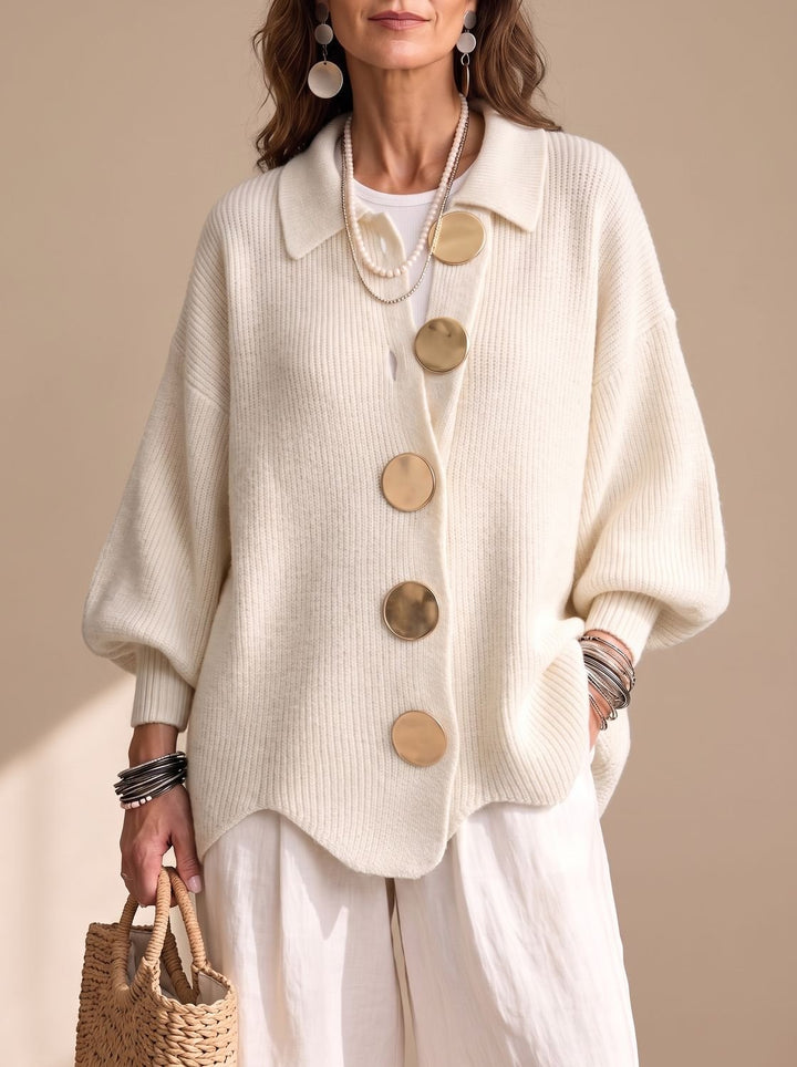 Women's Oversized Gold-Button Lantern-Sleeve Knit Cardigan - Ivory White