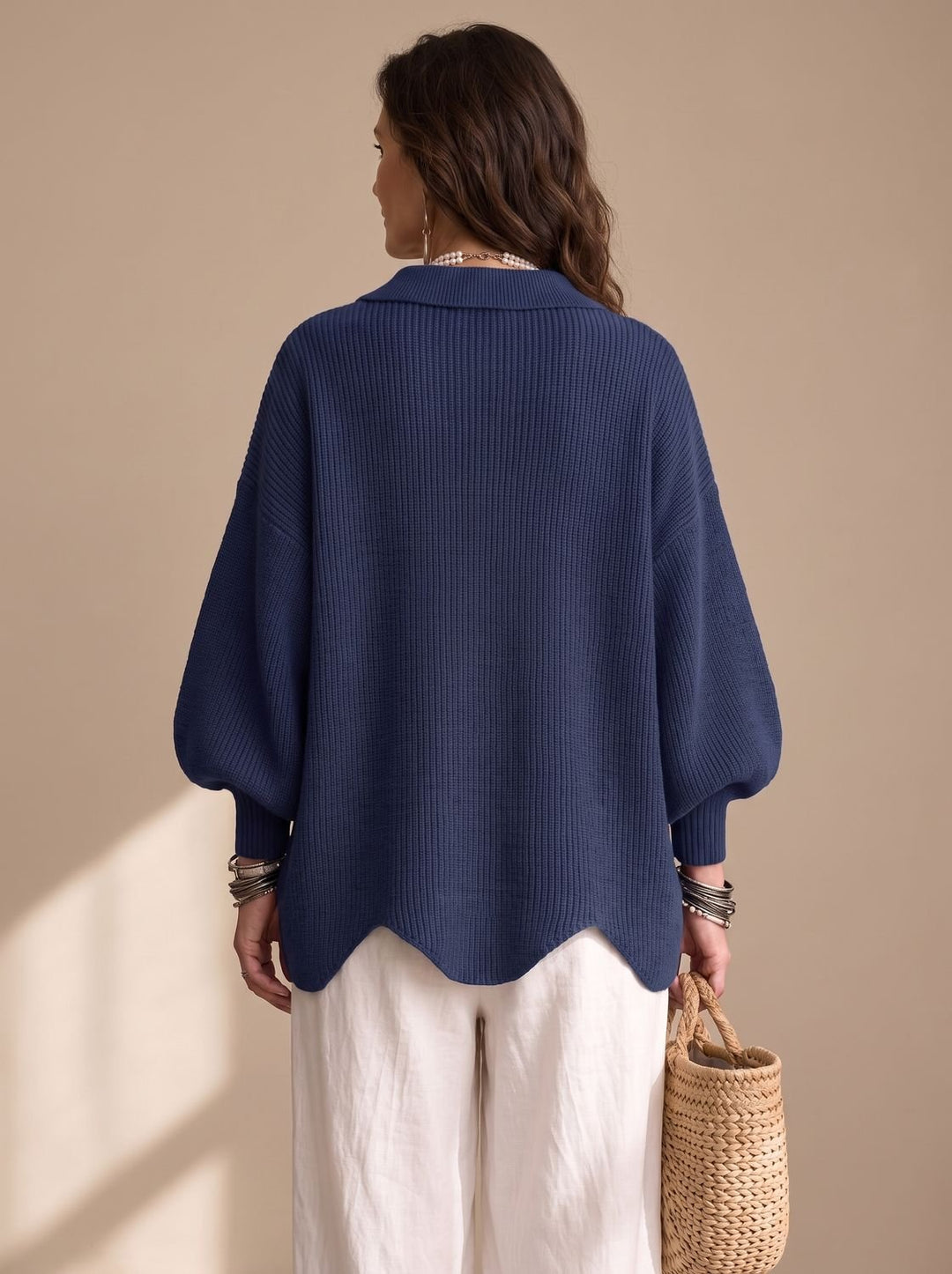Women's Oversized Gold-Button Lantern-Sleeve Knit Cardigan