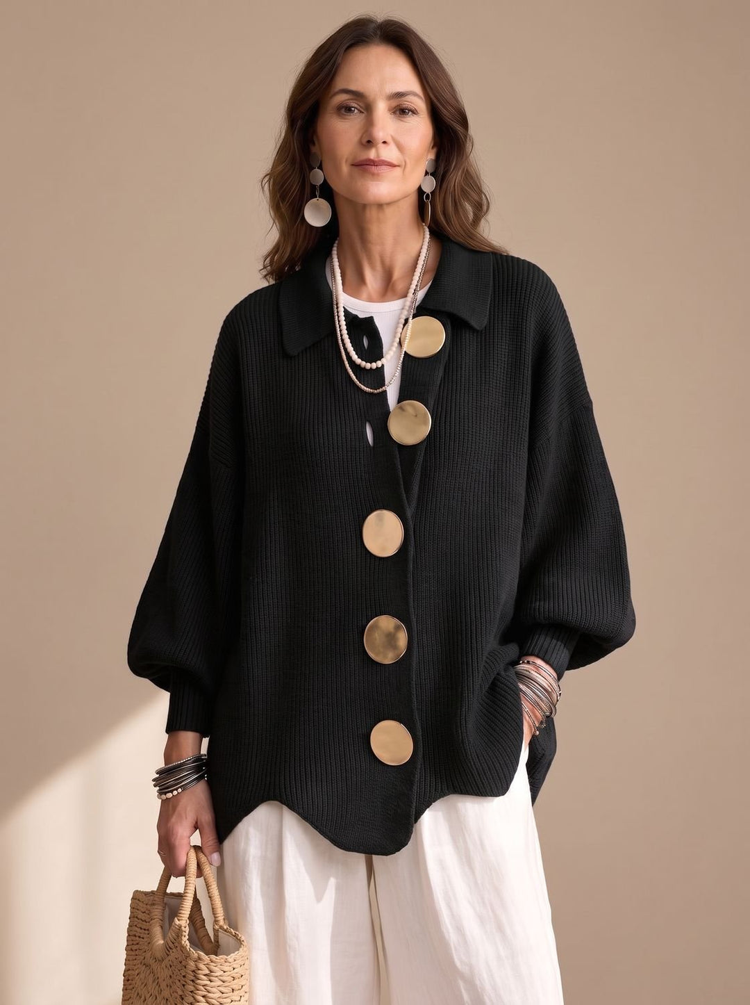 Women's Oversized Gold-Button Lantern-Sleeve Knit Cardigan - Black