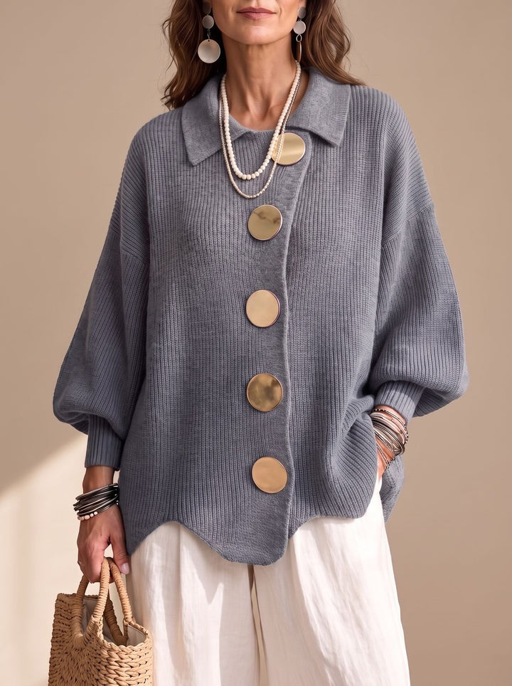 Women's Oversized Gold-Button Lantern-Sleeve Knit Cardigan - Gray