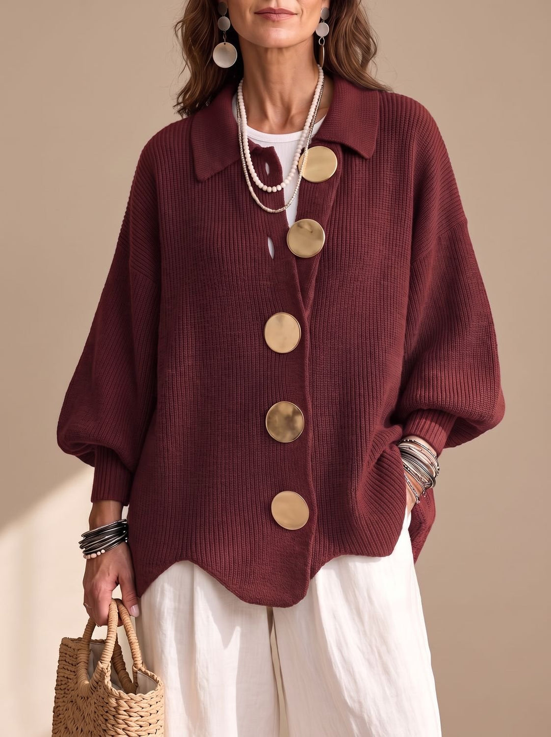 Women's Oversized Gold-Button Lantern-Sleeve Knit Cardigan - Red