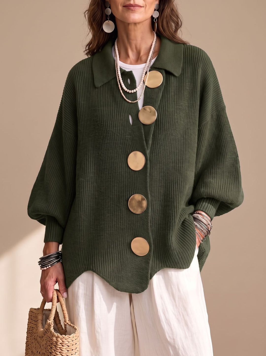 Women's Oversized Gold-Button Lantern-Sleeve Knit Cardigan - Olive Green