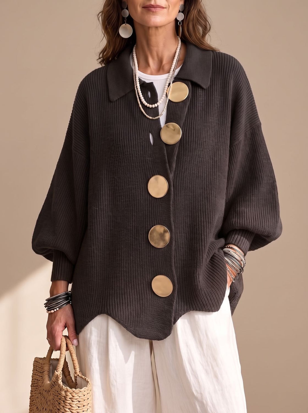 Women's Oversized Gold-Button Lantern-Sleeve Knit Cardigan - Mocha