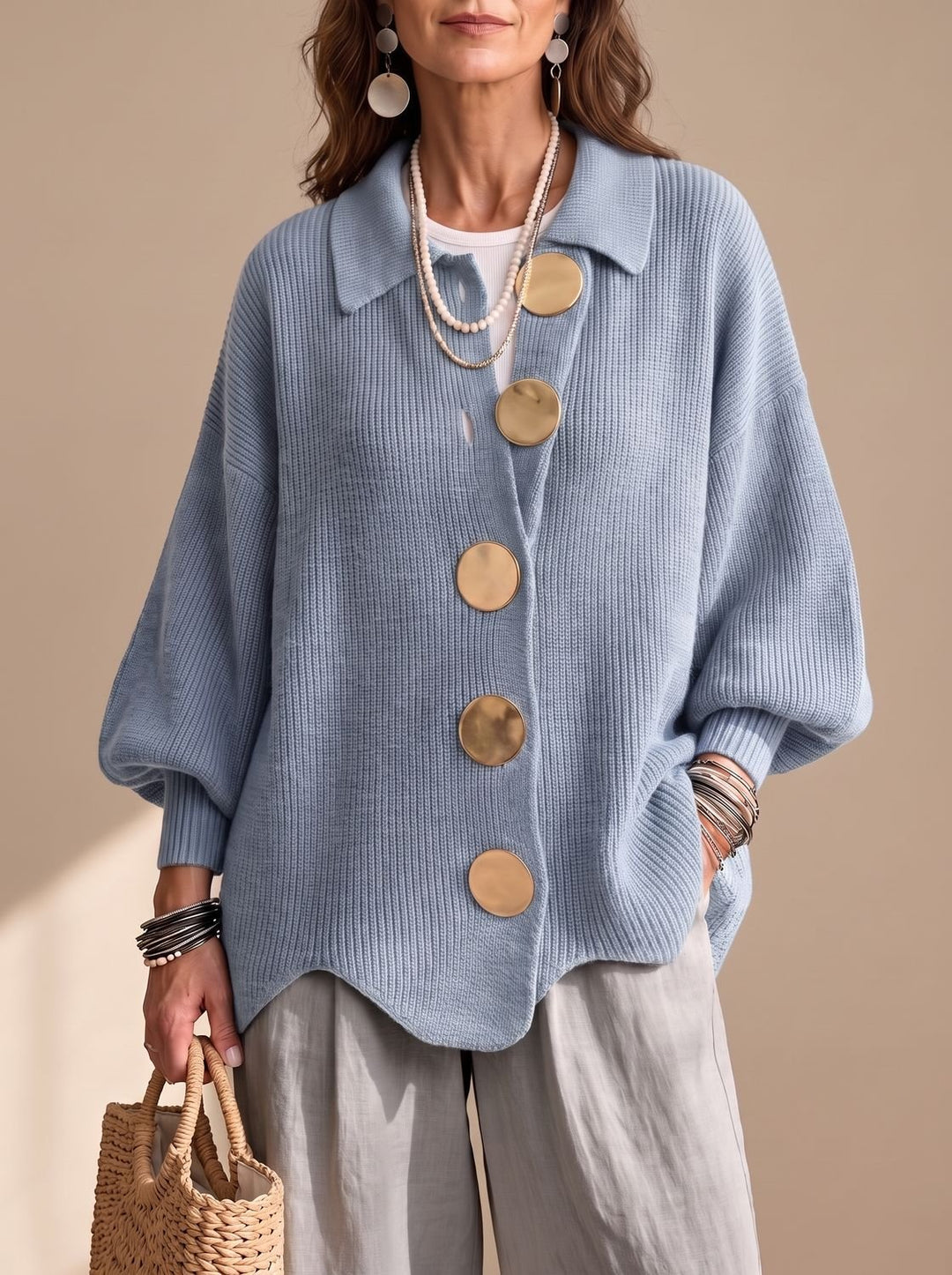 Women's Oversized Gold-Button Lantern-Sleeve Knit Cardigan - Sky Blue