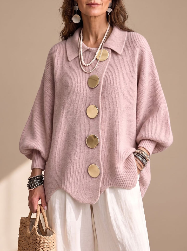 Women's Oversized Gold-Button Lantern-Sleeve Knit Cardigan - Powder Pink