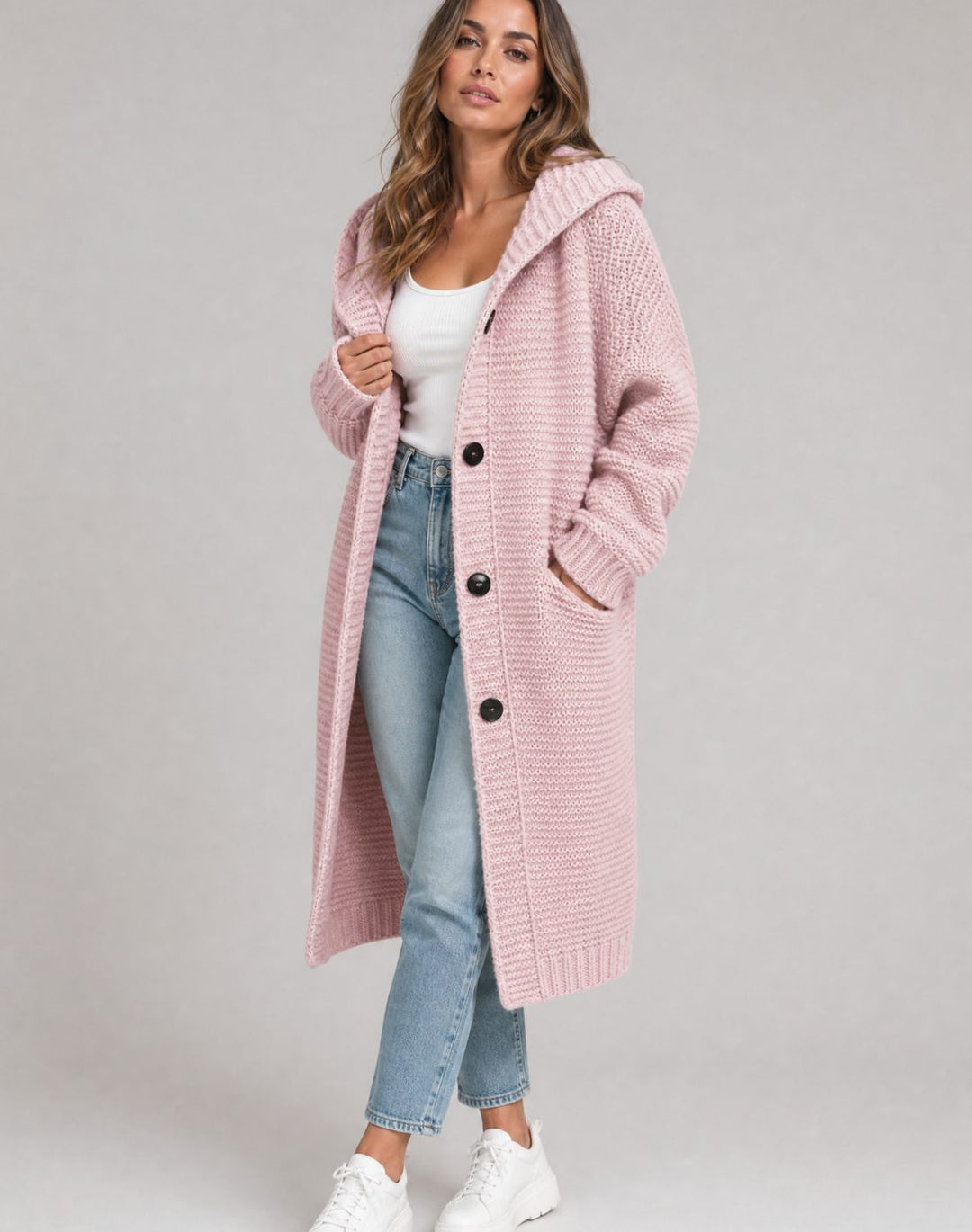 Women's Oversized Hooded Chunky Knit Button-Front Cardigan - Light Pink