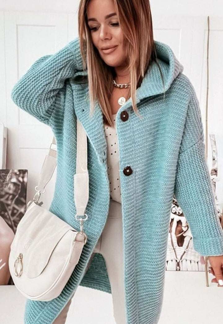 Women's Oversized Hooded Chunky Knit Button-Front Cardigan - Turquoise