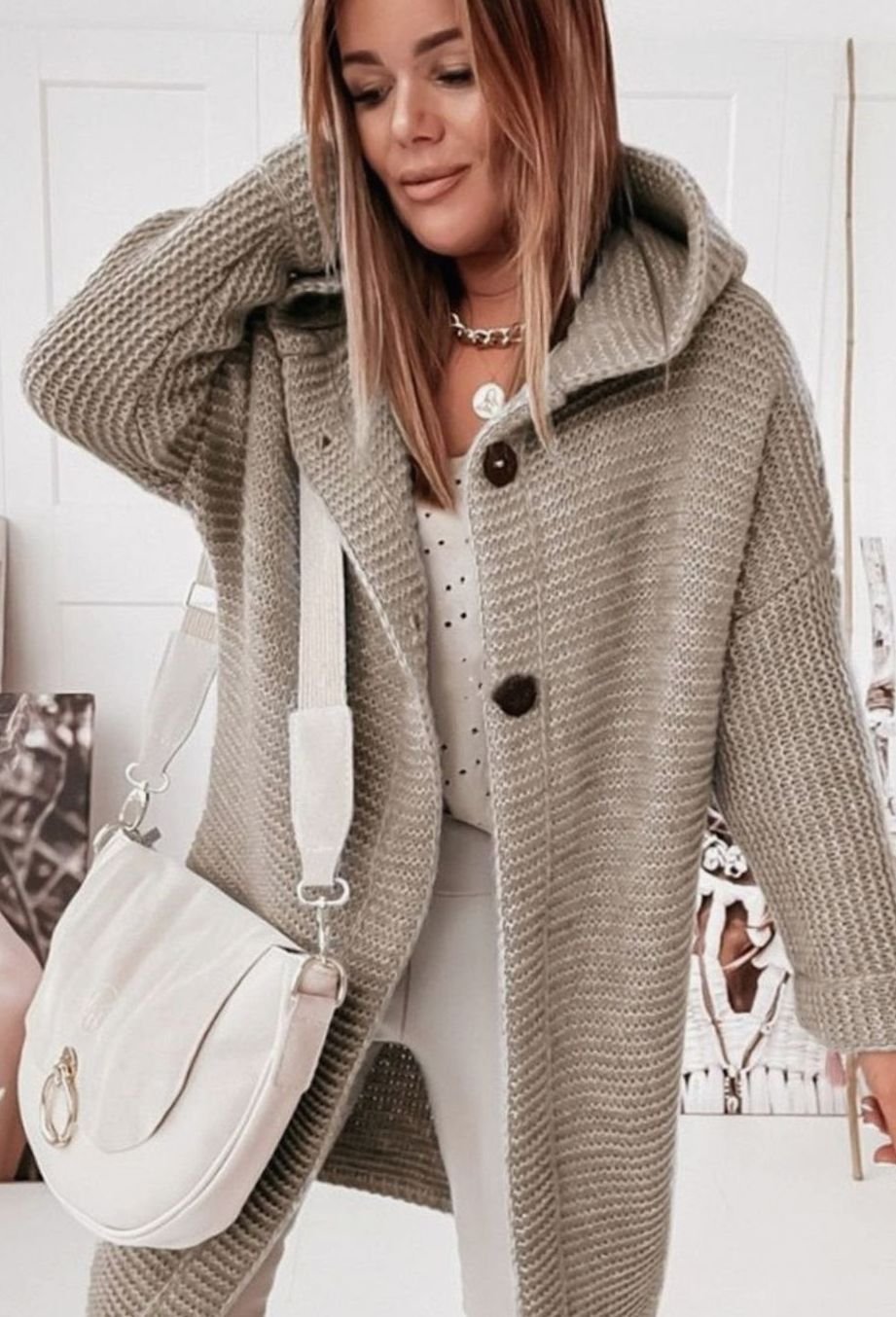 Women's Oversized Hooded Chunky Knit Button-Front Cardigan - Light Brown