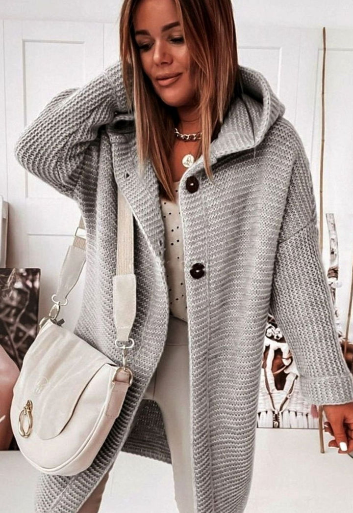 Women's Oversized Hooded Chunky Knit Button-Front Cardigan - Light Gray