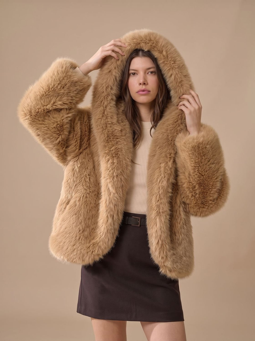 Women's Oversized Hooded Faux Fur Coat Long Sleeve Winter, Camel - Brown