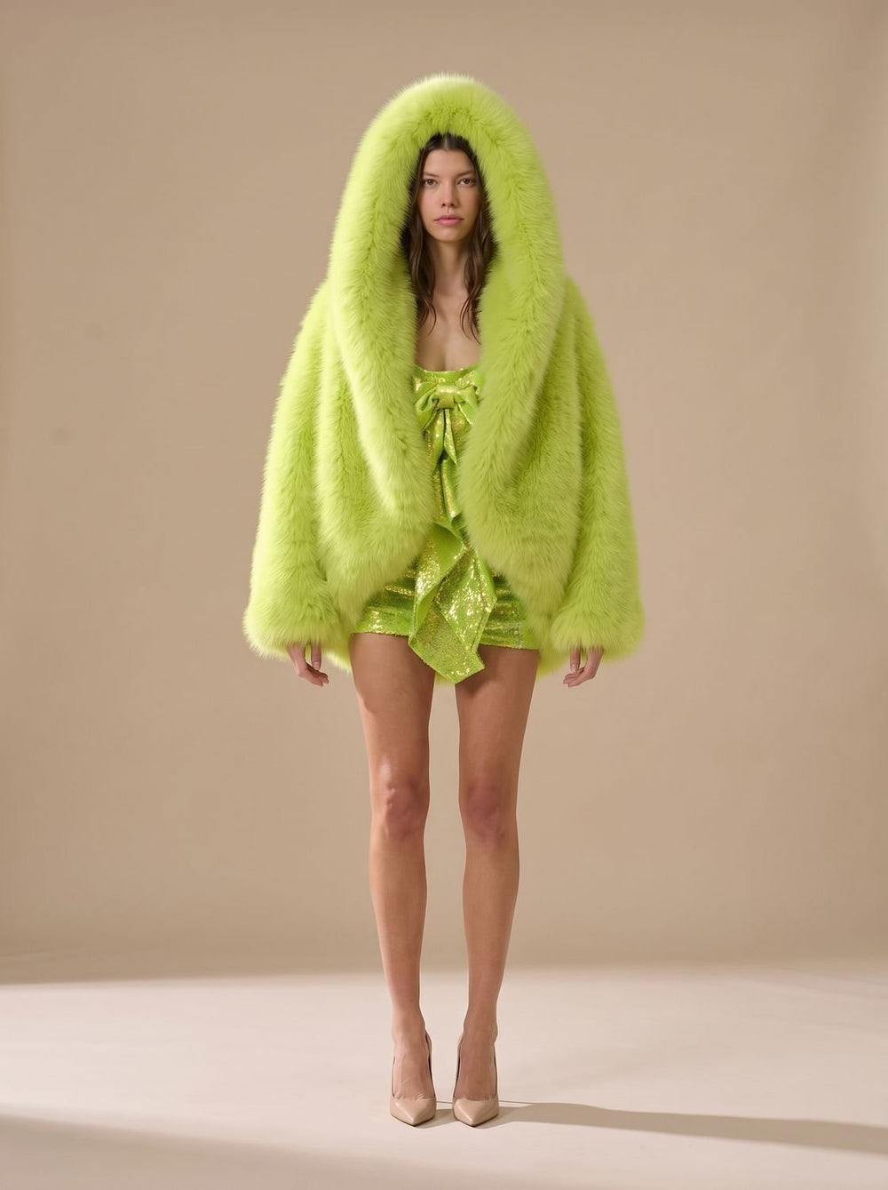 Women's Oversized Hooded Faux Fur Coat Long Sleeve Winter, Camel - Green