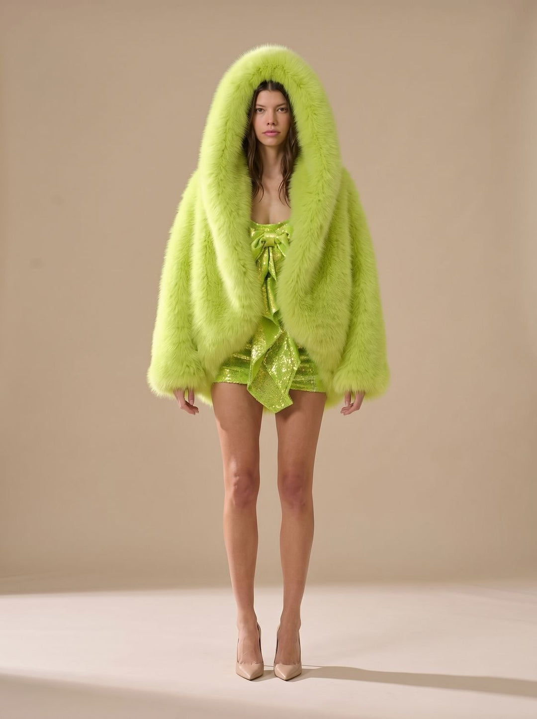 Women's Oversized Hooded Faux Fur Coat Long Sleeve Winter, Camel - Green