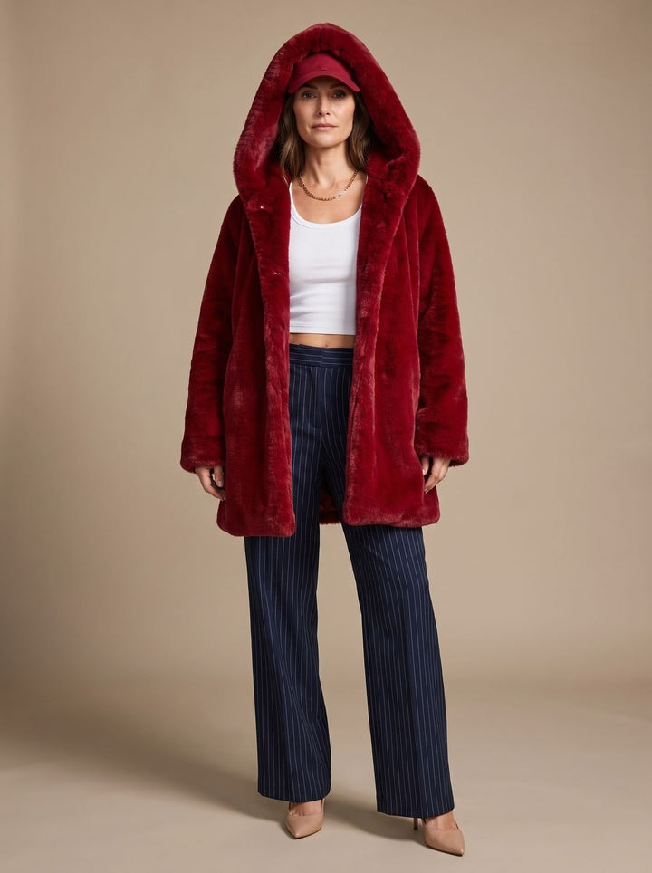 Women's Oversized Hooded Faux Fur Coat Long Sleeve Winter, Camel - Red