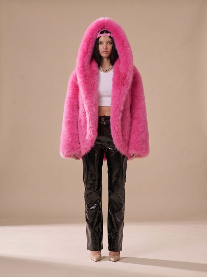 Women's Oversized Hooded Faux Fur Coat Long Sleeve Winter, Camel - Rose Red