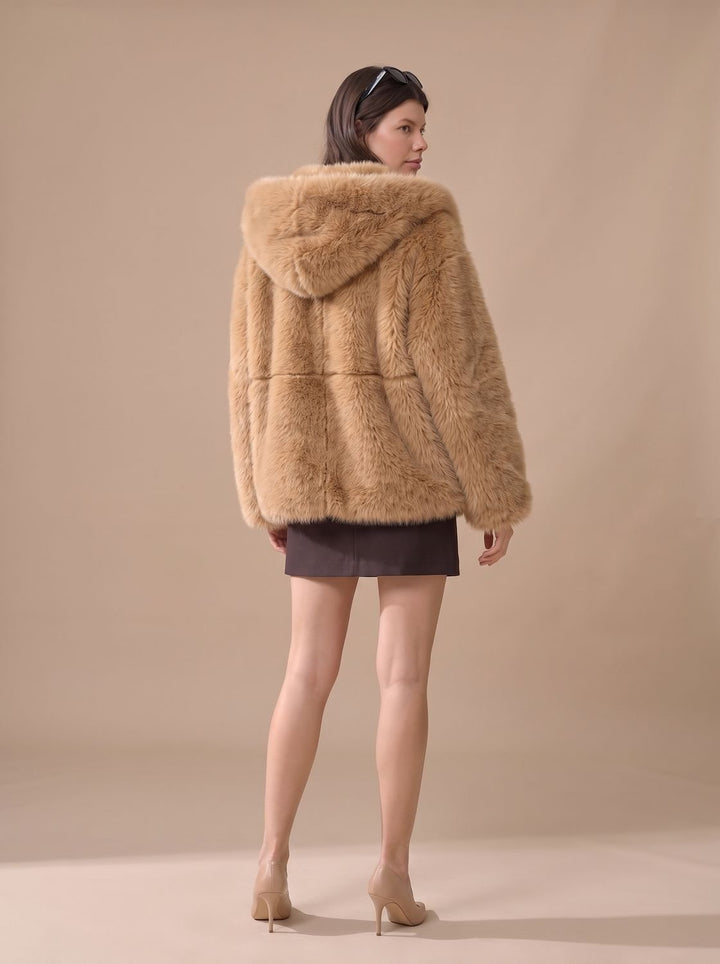Women's Oversized Hooded Faux Fur Coat Long Sleeve Winter, Camel