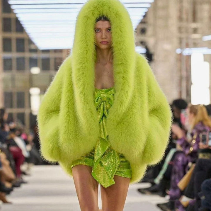 Women's Oversized Hooded Faux Fur Winter Coat Long Sleeve - Green