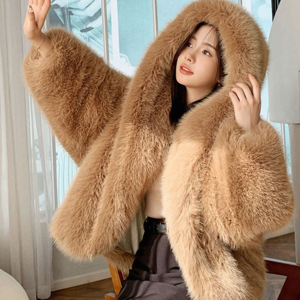 Women's Oversized Hooded Faux Fur Winter Coat Long Sleeve - Brown