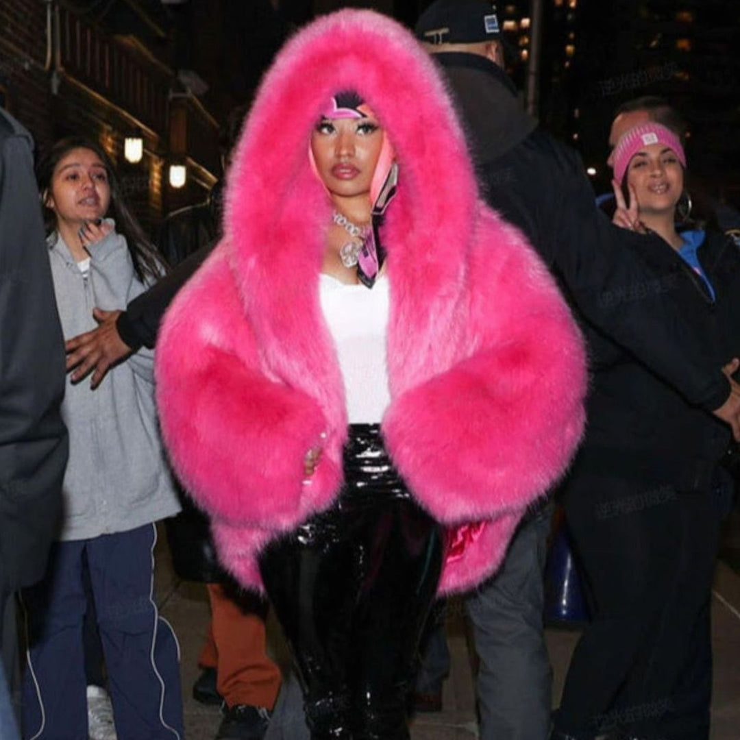 Women's Oversized Hooded Faux Fur Winter Coat Long Sleeve - Rose Red