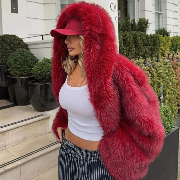 Women's Oversized Hooded Faux Fur Winter Coat Long Sleeve - Red
