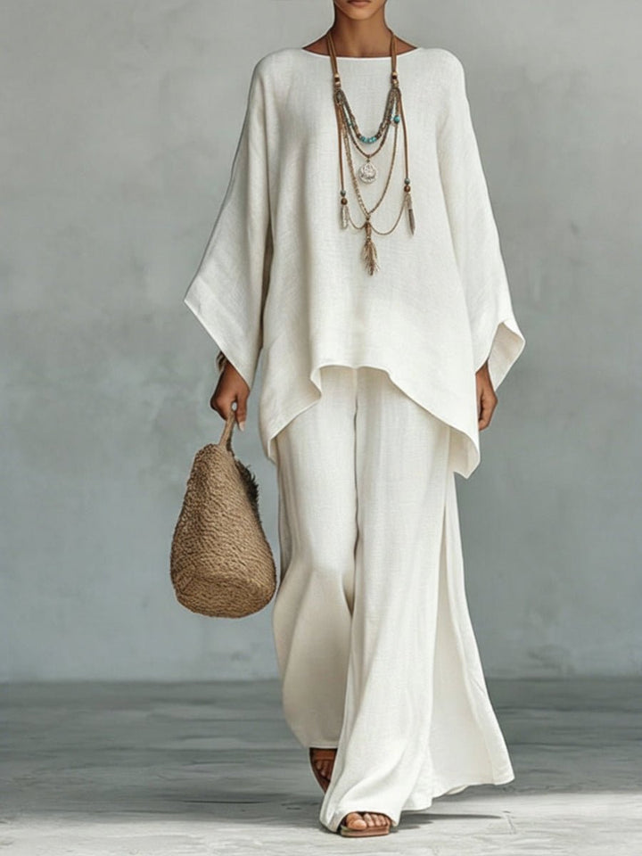 Women's Oversized Linen Batwing-Sleeve Top Wide-Leg Pants Two-Piece Set - White