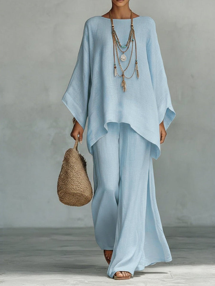 Women's Oversized Linen Batwing-Sleeve Top Wide-Leg Pants Two-Piece Set - Light Blue