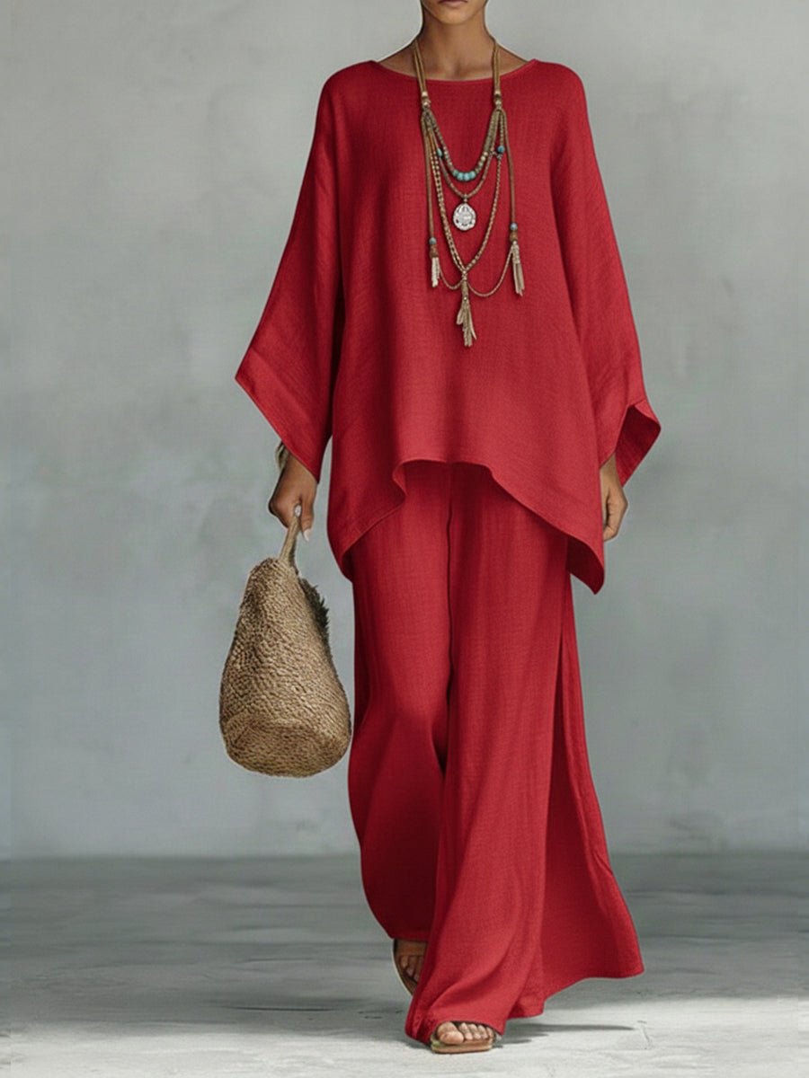 Women's Oversized Linen Batwing-Sleeve Top Wide-Leg Pants Two-Piece Set - Red