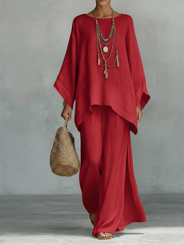 Women's Oversized Linen Batwing-Sleeve Top Wide-Leg Pants Two-Piece Set - Red