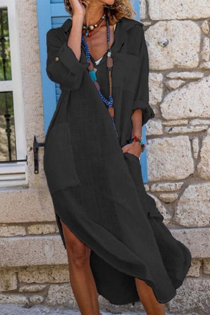 Women's Oversized Linen Midi Shirt Evening Gown Dress - Black