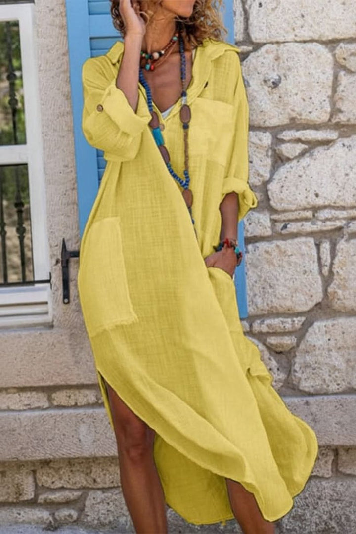 Women's Oversized Linen Midi Shirt Evening Gown Dress - Yellow