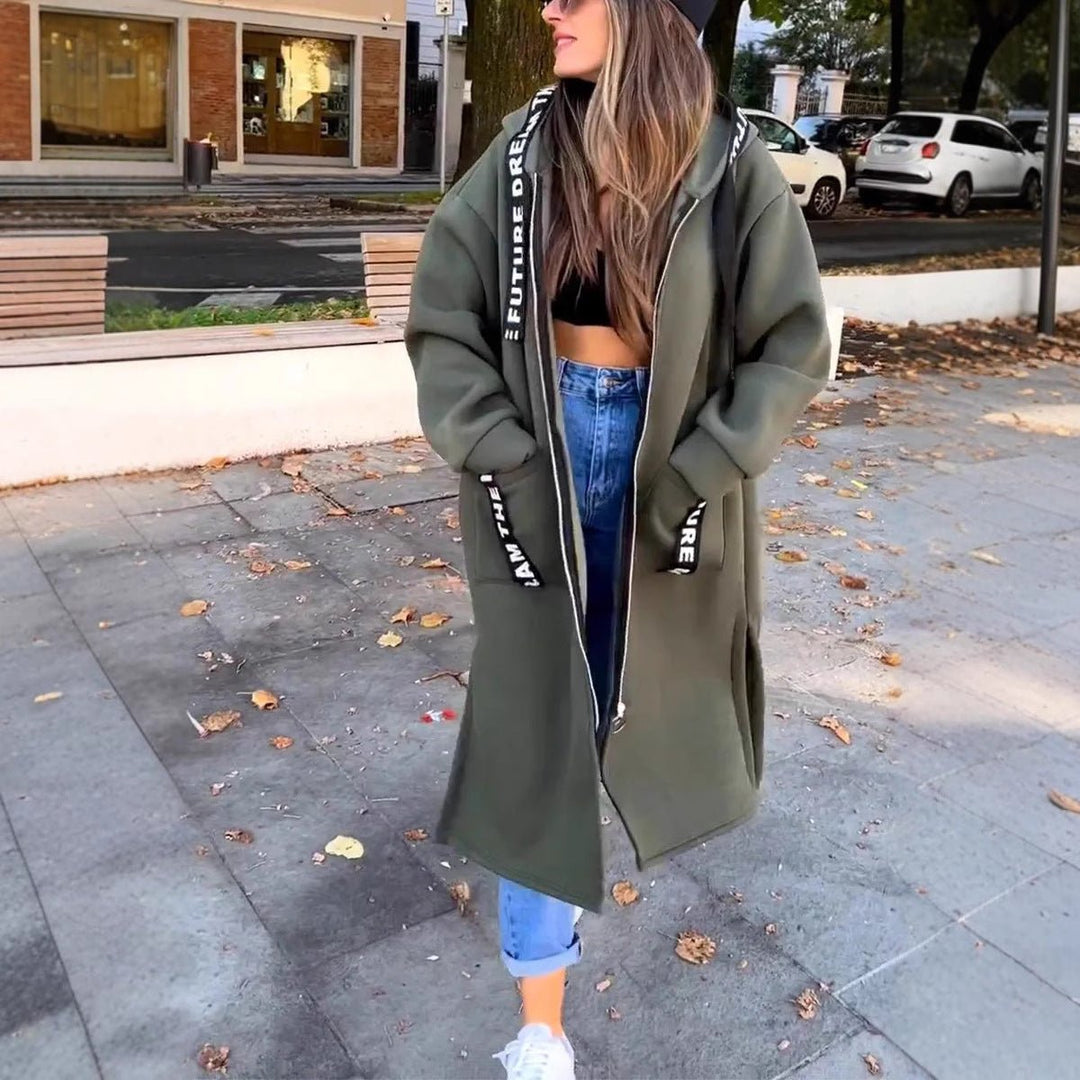 Women's Oversized Long Hooded Zip-Up Coat - Green