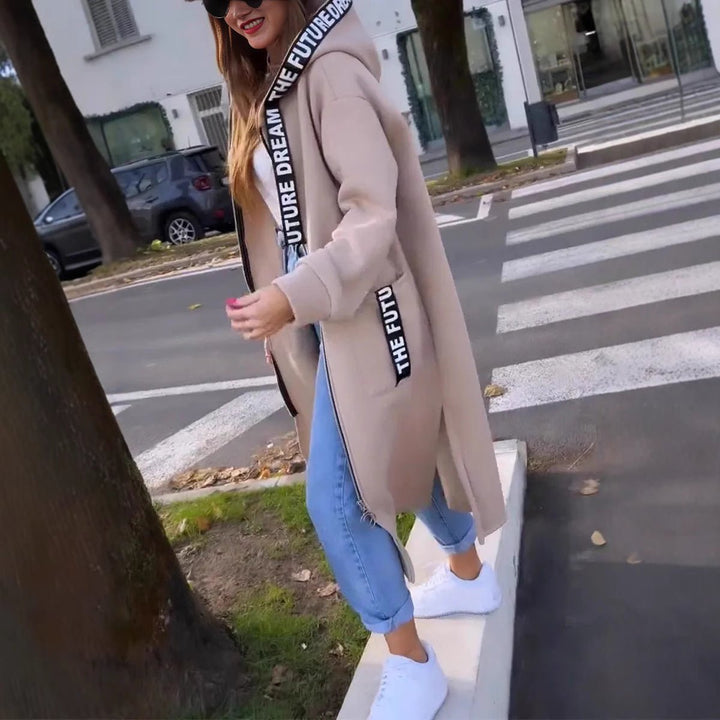 Women's Oversized Long Hooded Zip-Up Coat - Beige