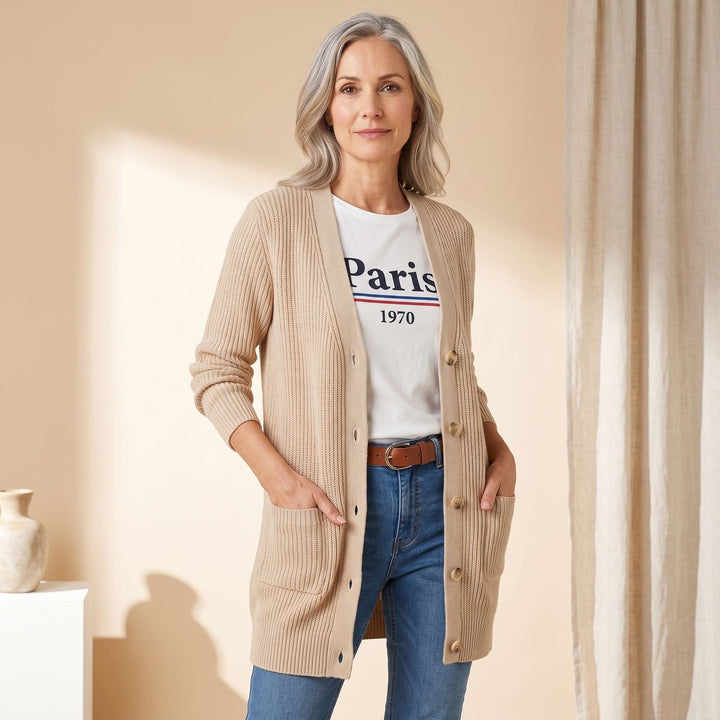 Women's Oversized Long Knit Cardigan Ribbed Button-Front Sweater - Beige