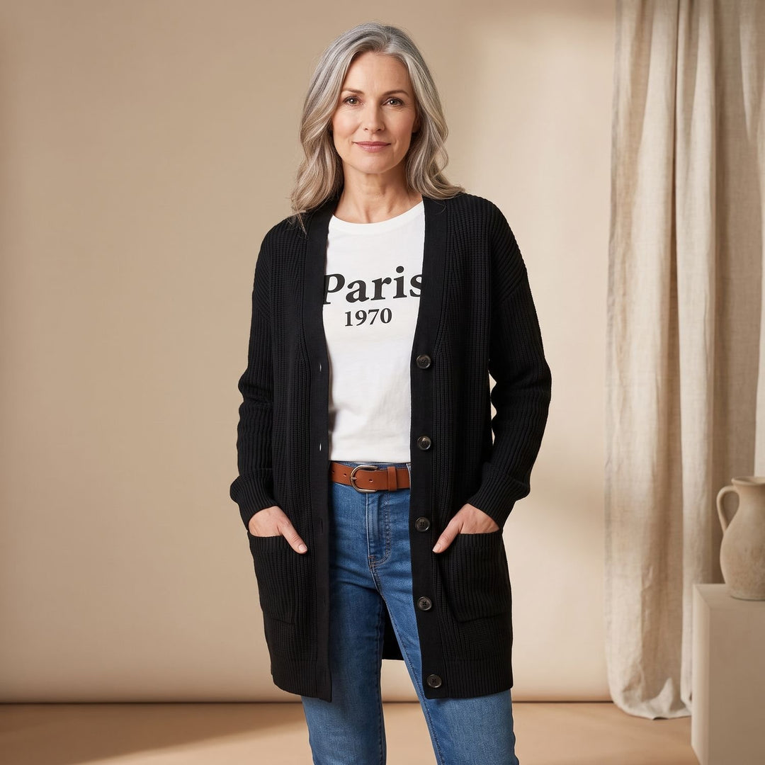 Women's Oversized Long Knit Cardigan Ribbed Button-Front Sweater - Black