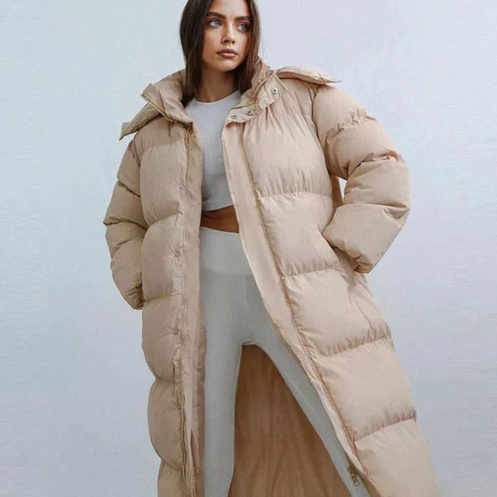 Women's Oversized Long Quilted Jacket Hooded Puffer Coat - Beige