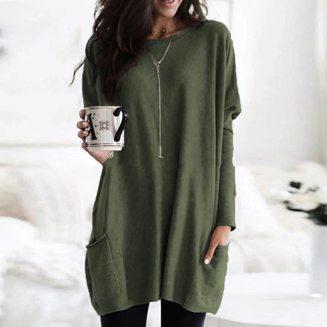 Women's Oversized Long Sleeve Pocket Tunic Top - Olive Green