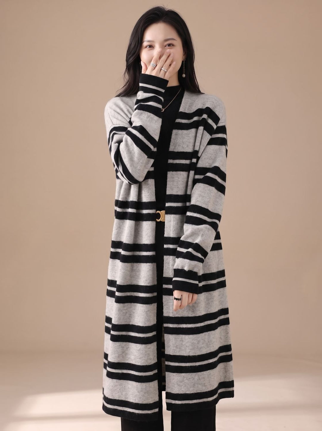 Women's Oversized Long Striped Open-Front Knit Cardigan