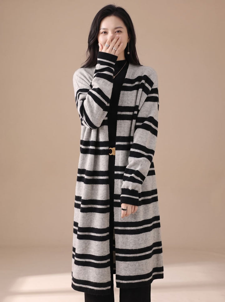 Women's Oversized Long Striped Open-Front Knit Cardigan