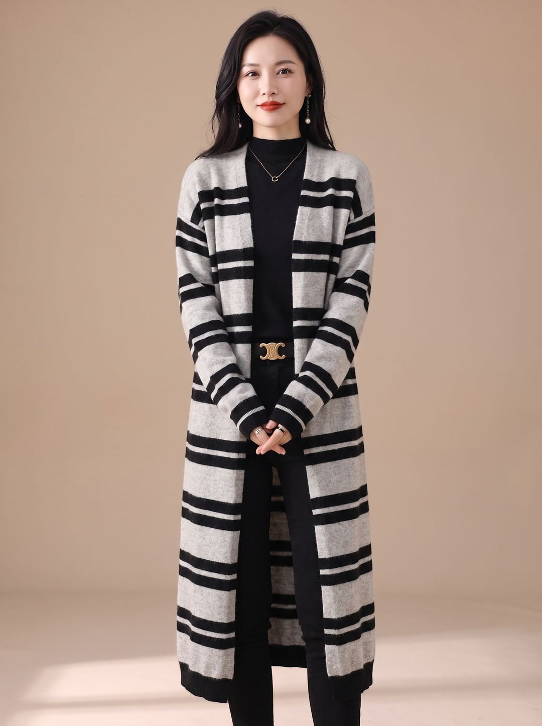 Women's Oversized Long Striped Open-Front Knit Cardigan - Black-Gray