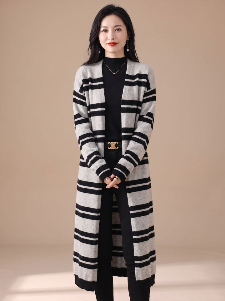 Women's Oversized Long Striped Open-Front Knit Cardigan - Black-Gray