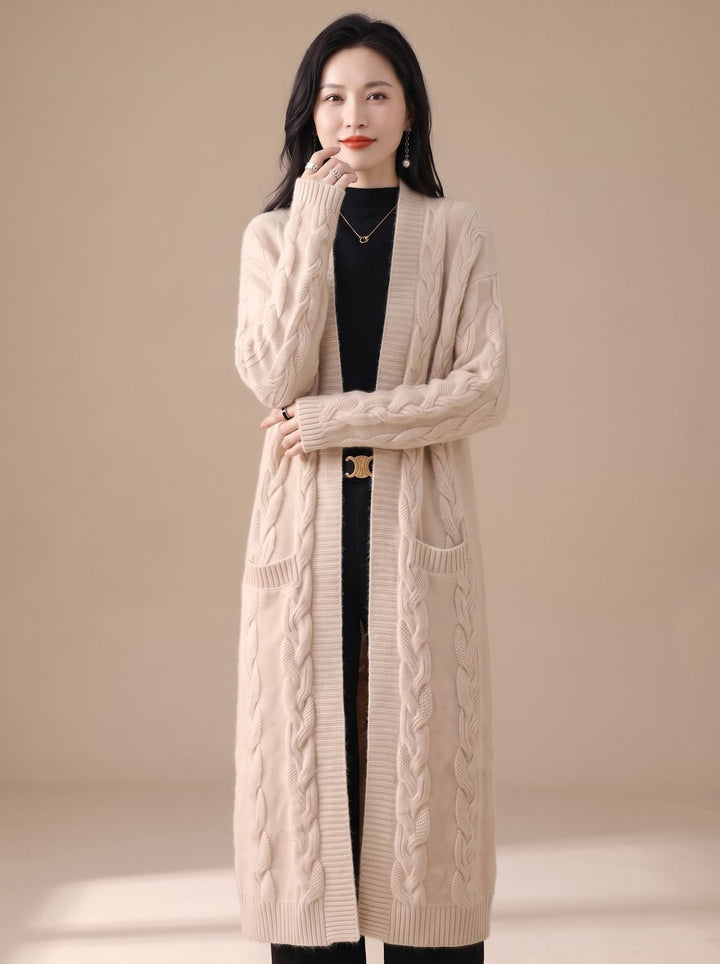 Women's Oversized Long Striped Open-Front Knit Cardigan - Beige