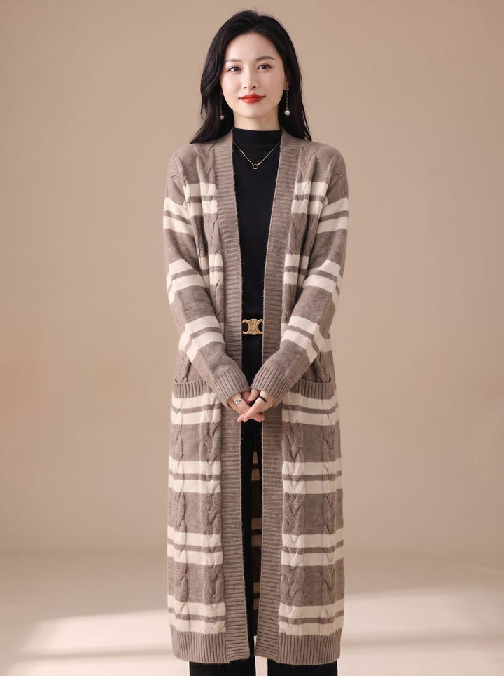 Women's Oversized Long Striped Open-Front Knit Cardigan - Beige-Camel