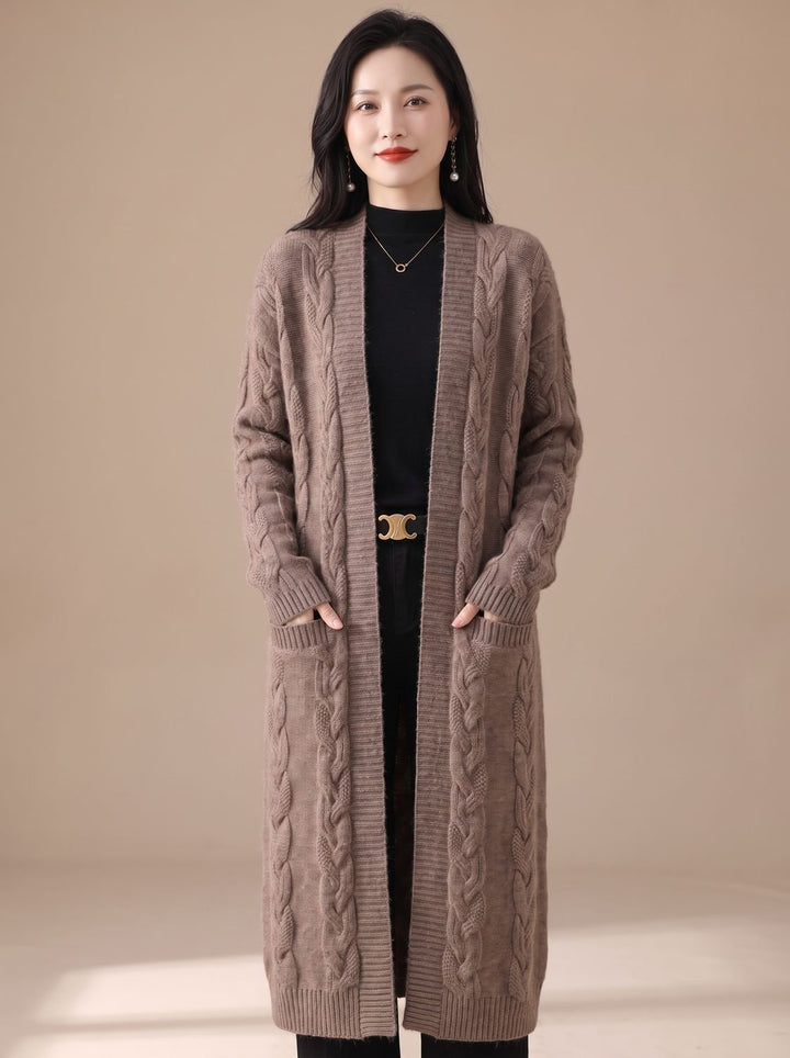 Women's Oversized Long Striped Open-Front Knit Cardigan - Camel Brown