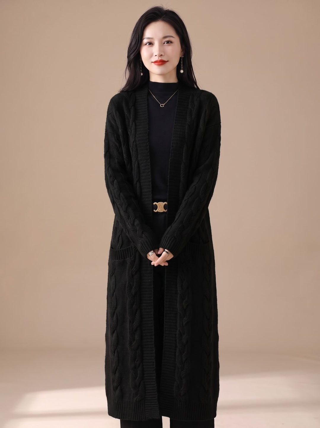 Women's Oversized Long Striped Open-Front Knit Cardigan - Black