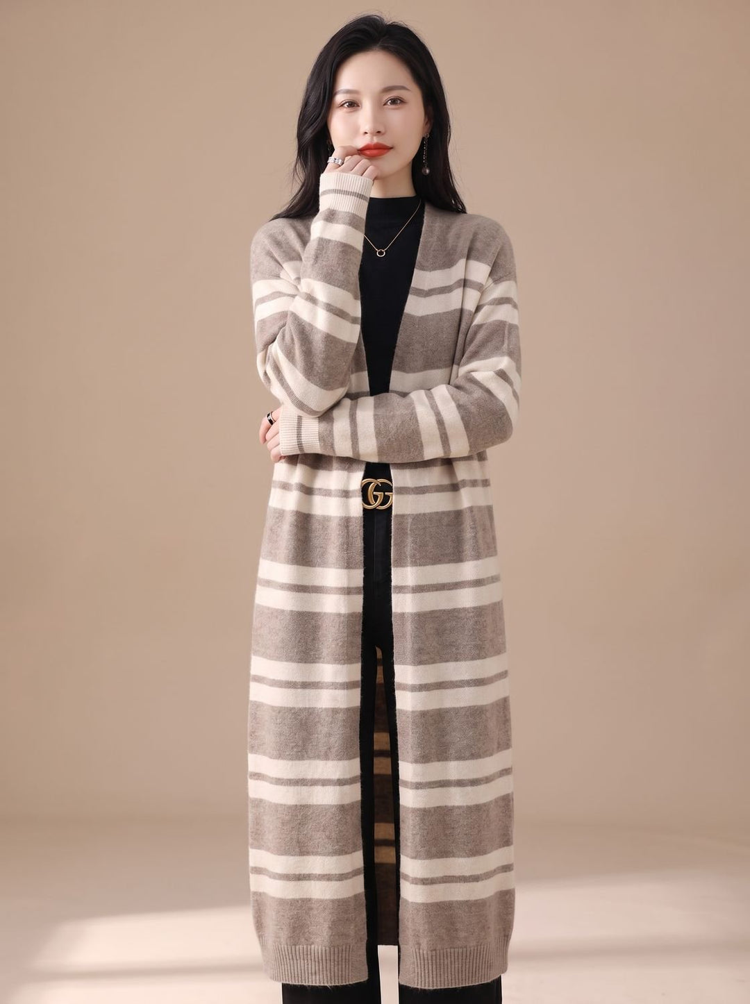 Women's Oversized Long Striped Open-Front Knit Cardigan