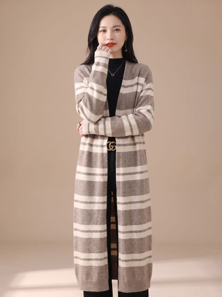 Women's Oversized Long Striped Open-Front Knit Cardigan