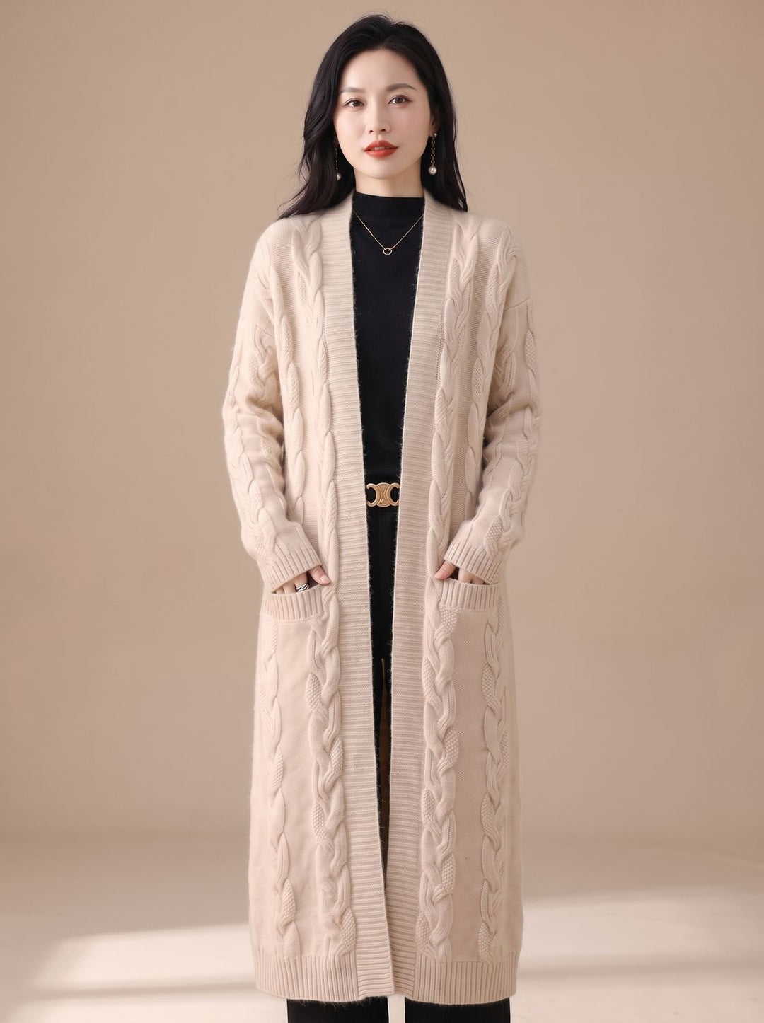 Women's Oversized Long Striped Open-Front Knit Cardigan