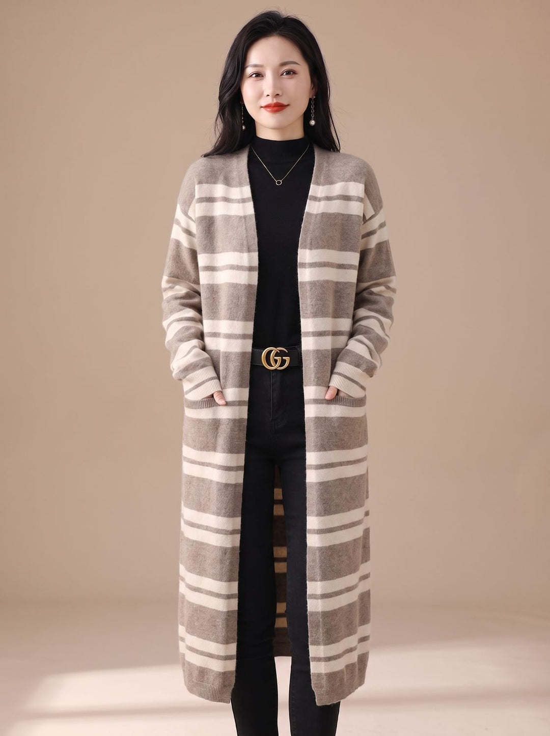 Women's Oversized Long Striped Open-Front Knit Cardigan