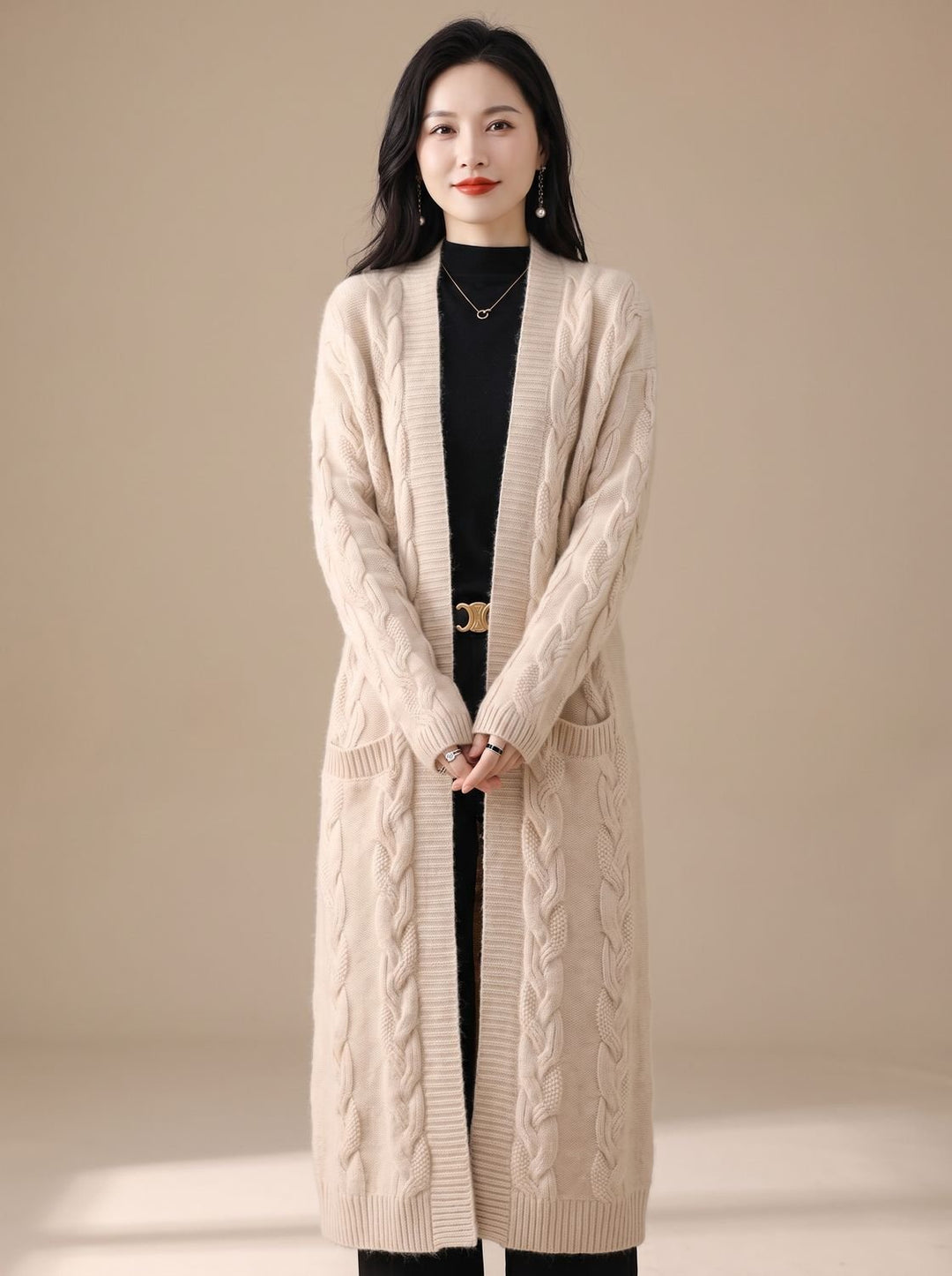 Women's Oversized Long Striped Open-Front Knit Cardigan